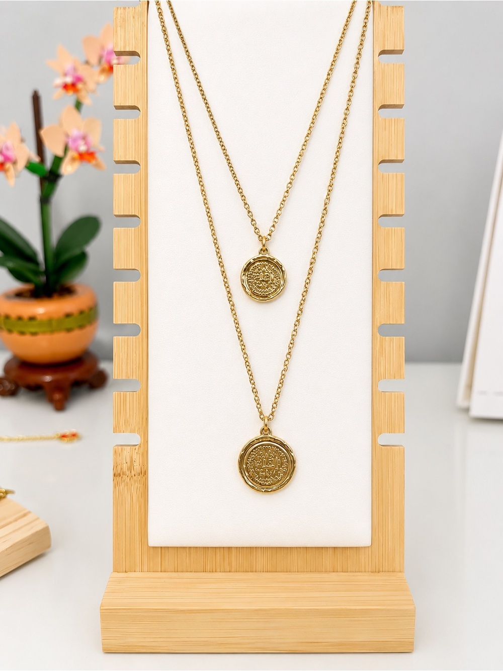 Amber Seats Double Coin Layered Necklace Gold Tone